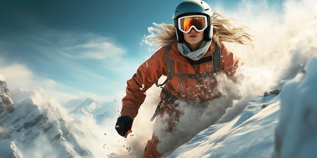 Photo femme faisant du snowboard dans les montagnes en hiver