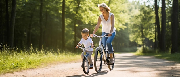 une femme faisant du vélo avec un enfant dessus