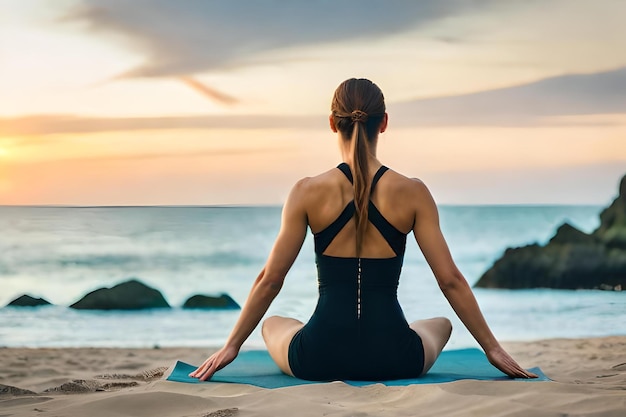 Une femme faisant du yoga sur la plage avec un bikini noir