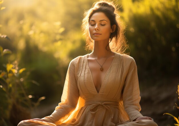 une femme faisant du yoga et de la pleine conscience dehors le matin