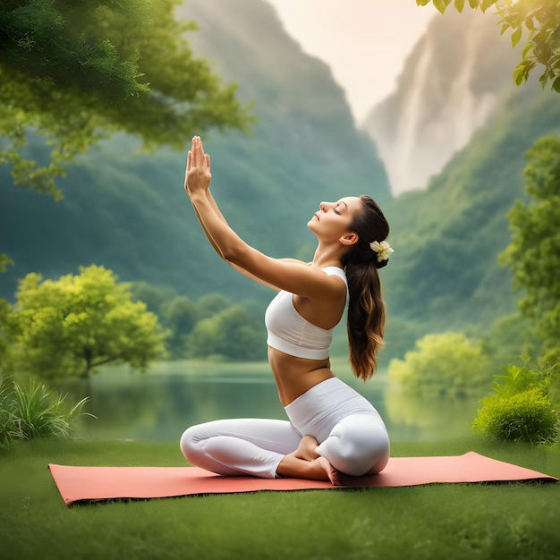 femme faisant du yoga en pose de lotus sur un tapis au fond du lac forestier