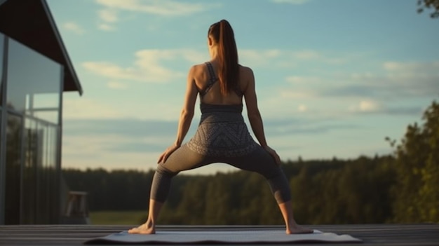 Une femme faisant du yoga sur un tapis devant une forêt