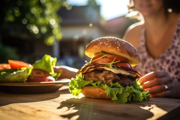 Femme faisant griller un délicieux burger sur une terrasse ensoleillée générée par l'IA