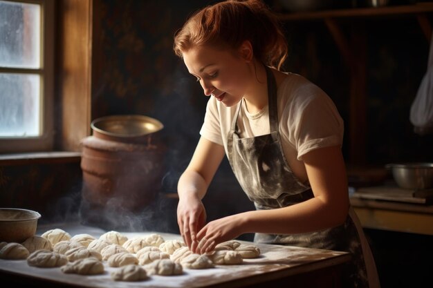 Femme faisant de la pâte pour les petits pains à la cannelle Cuisiner cuire cuire tourbillon spirale générer Ai