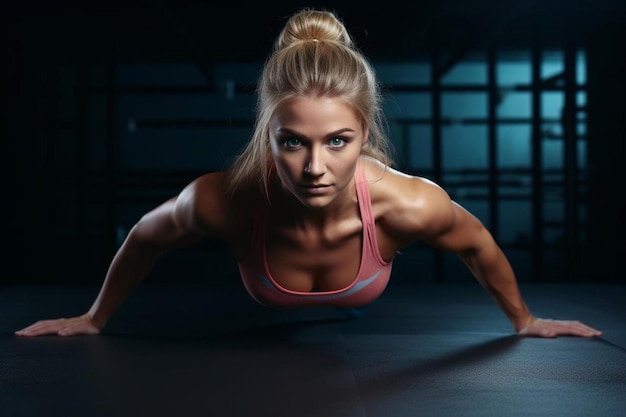 une femme faisant des pompes dans un gymnase avec un tank top rose