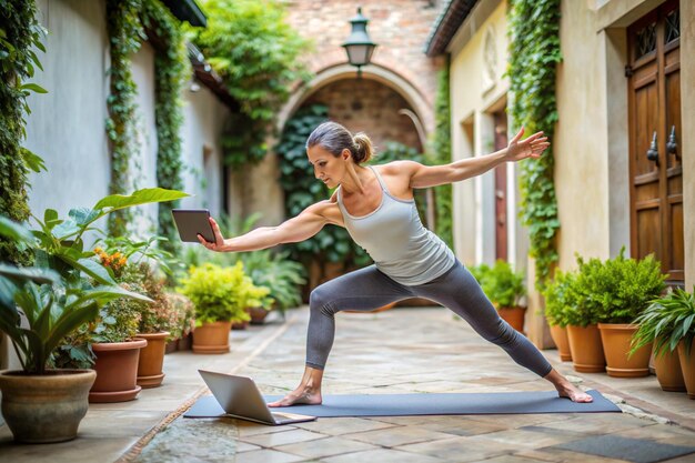 femme faisant des poses de yoga dans la cour suivant le guide