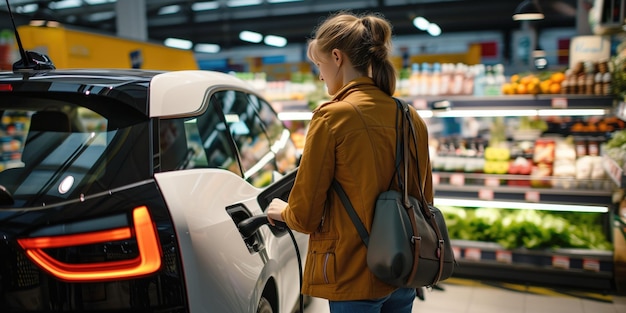 Photo femme faisant ses courses avec une voiture électrique chargée en arrière-plan à l'épicerie