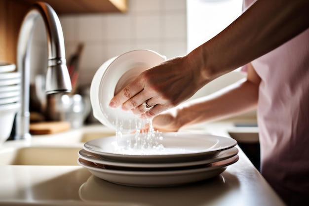 Femme faisant la vaisselle Laver les assiettes de repas après le dîner Générer une IA