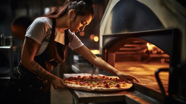 La femme fait cuire la pizza dans le four