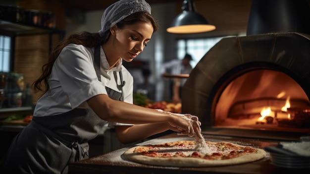 La femme fait cuire la pizza dans le four