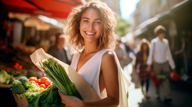 Une femme fait du shopping dans un marché en plein air.