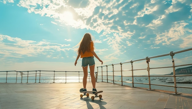 Une femme fait du skateboard sur une route près de l'océan.