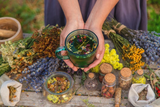 Photo une femme fait du thé à base de plantes. focus sélectif.