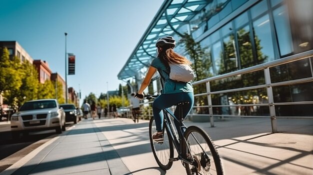 Une femme fait du vélo dans une rue de la ville.