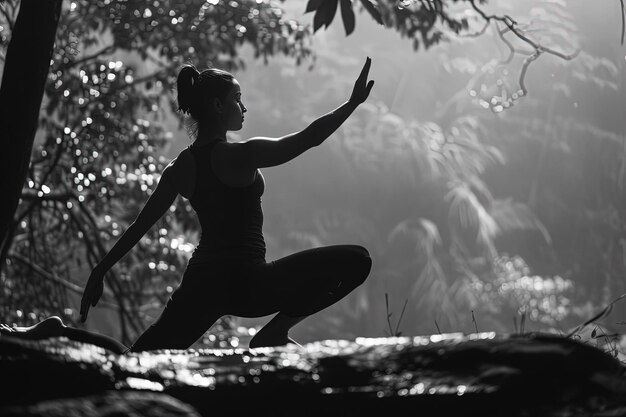 Photo une femme fait du yoga dans les bois.