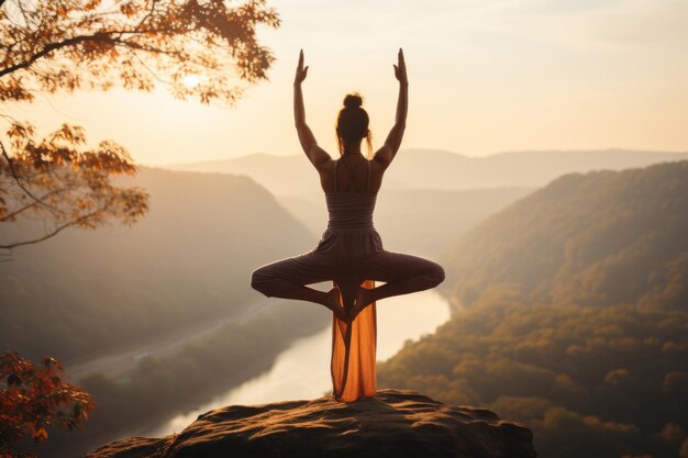 Photo une femme fait du yoga dans les montagnes concept de style de vie sain