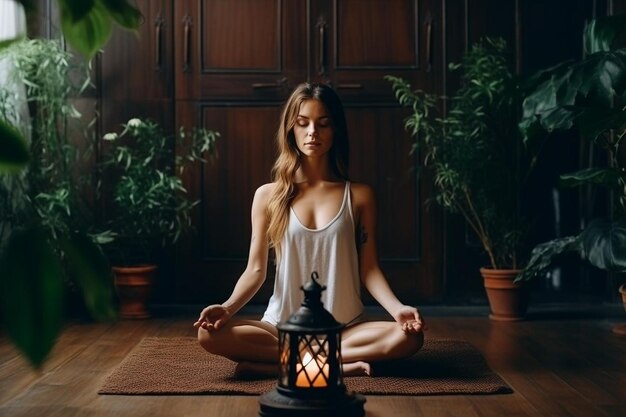 Une femme fait du yoga à la maison dans une belle pièce en pierre
