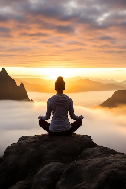 Une femme fait du yoga sur une montagne rocheuse, une mer de nuages au lever du soleil le matin.