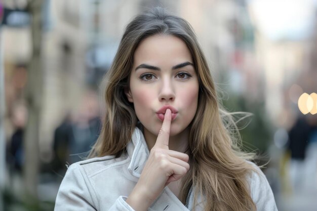 Une femme fait un geste de silence dans la ville