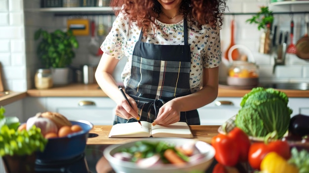 Photo une femme fait une liste d'achats pour l'épicerie sur un bloc-notes dans la cuisine