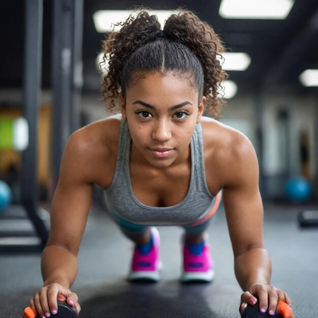 Photo une femme fait des pompes dans un gymnase avec un nœud rose