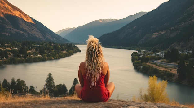 Une femme fait une retraite de yoga et de méditation tranquille au bord du lac.