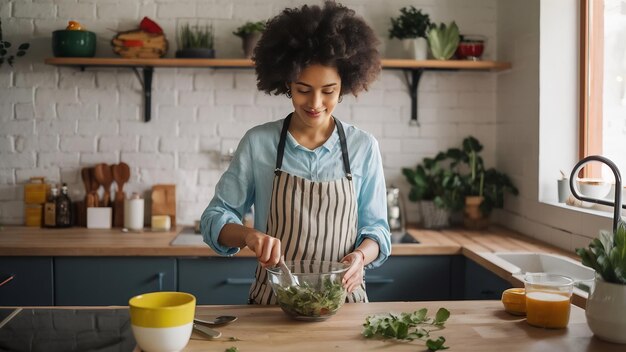 Une femme fait de la salade dans la cuisine.