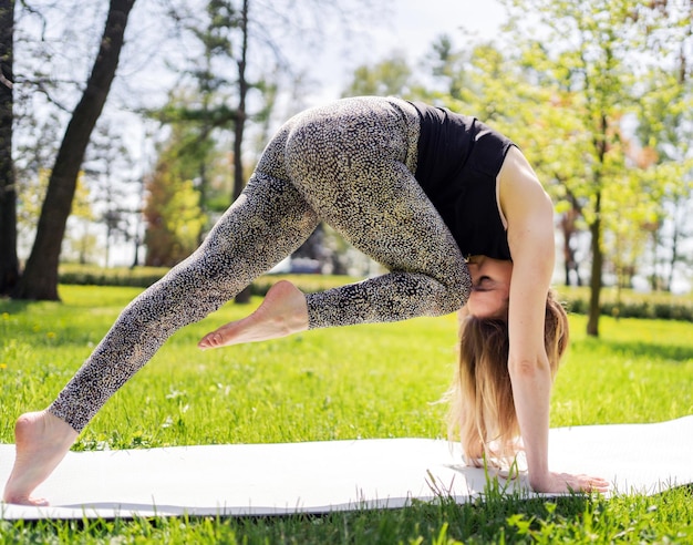 Une femme fait une séance d'entraînement de pose de yoga asana dans le parc l'harmonie et l'équilibre du corps utilise un tapis