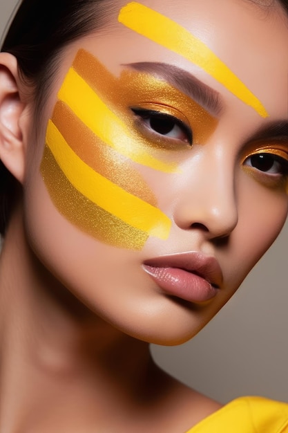 Une femme avec un fard à paupières jaune et de la peinture dorée sur le visage
