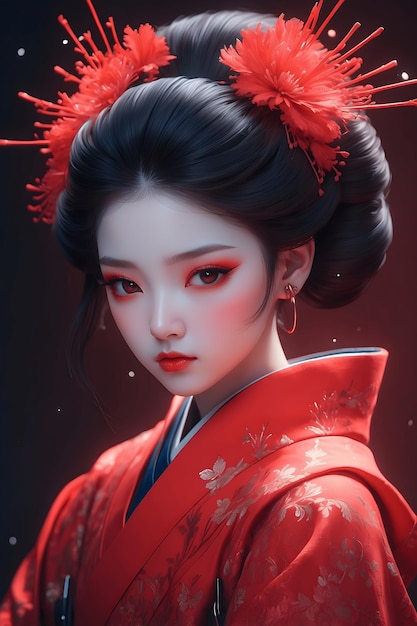 Femme fatale asiatique futuriste Scarlet Serenity dans un Hanfu élégant