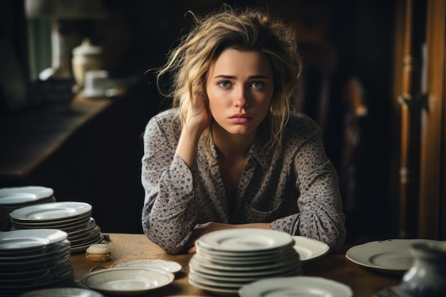 Une femme fatiguée et épuisée assise à table avec beaucoup d'assiettes.