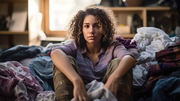 Photo une femme fatiguée est assise dans une pile de vêtements sales.