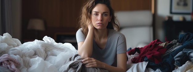 Une femme fatiguée est assise dans une pile de vêtements sales.