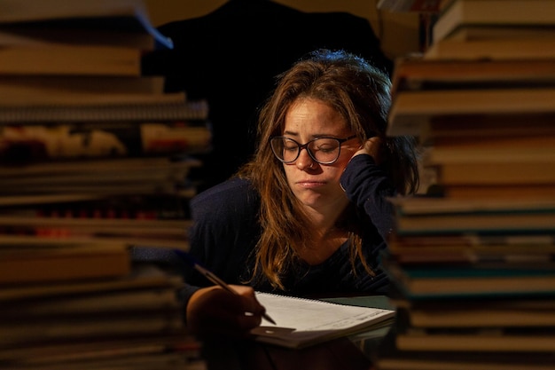 femme fatiguée étudiant dans une bibliothèque la nuit