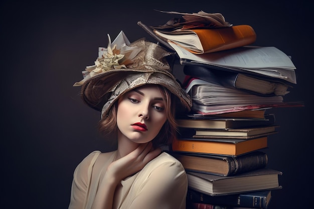 Femme fatiguée avec une pile de livres collage d'art contemporain