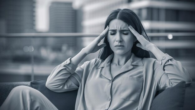 Photo une femme fatiguée se frotte les tempes.