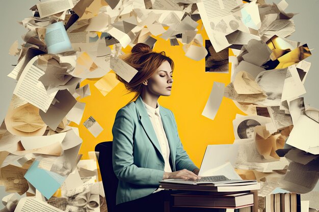 Une femme fatiguée travaillant dans un bureau avec un désordre de papiers.