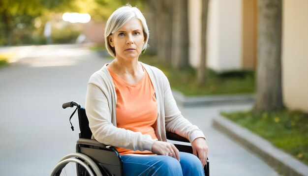 Une femme en fauteuil roulant est assise dans la rue.
