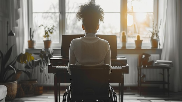 Une femme en fauteuil roulant étudie le piano.