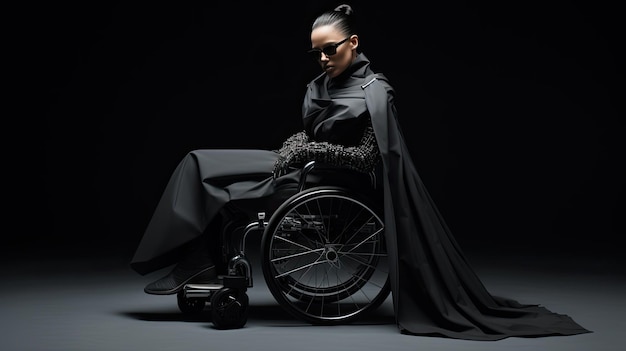 Photo une femme en fauteuil roulant portant des vêtements noirs élégants lors d'un défilé de mode generative ai