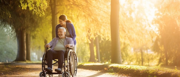 une femme en fauteuil roulant poussée sur un chemin