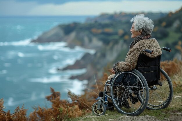 Une femme en fauteuil roulant regarde l'océan