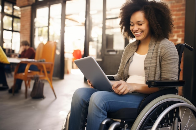 Une femme en fauteuil roulant utilise la tablette.