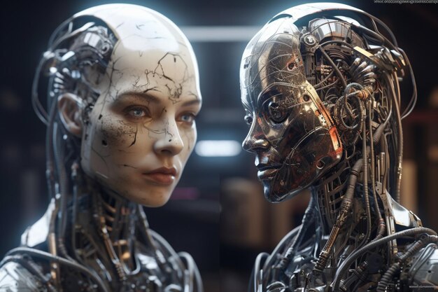 Une femme et une femme au visage de robot