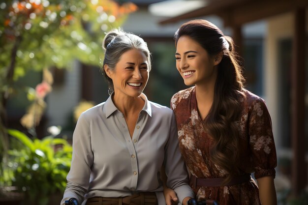 Une femme et une femme sourient et sourient devant une maison.