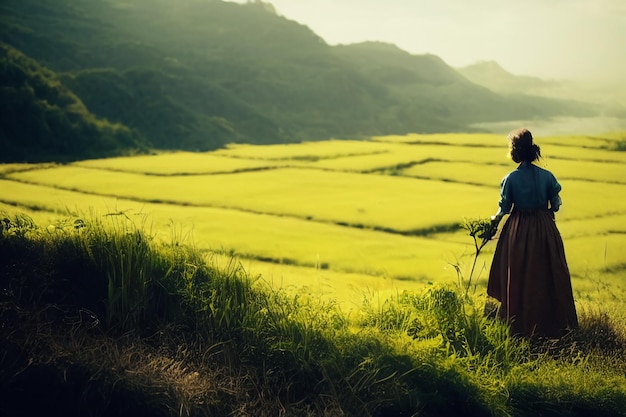 Femme à la ferme avec des montagnes en arrière-plan