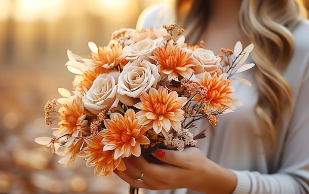 Photo une femme fermée tenant un bouquet de fleurs orange et roses en fleurs