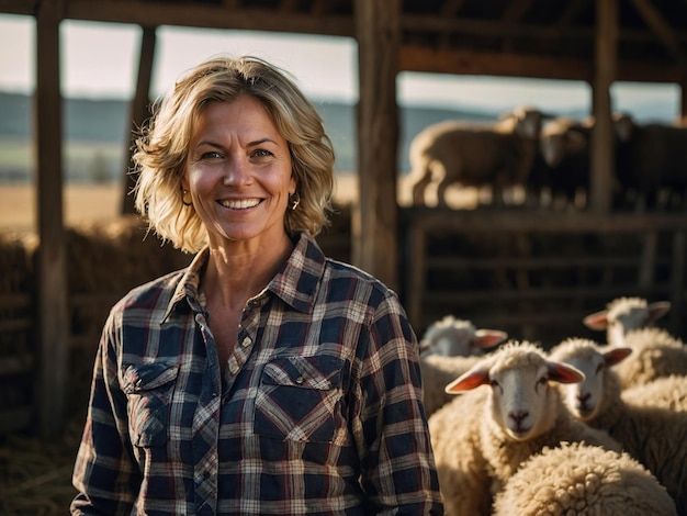 Femme fermière heureuse en chemise à carreaux avec des moutons dans l'écurie de la ferme