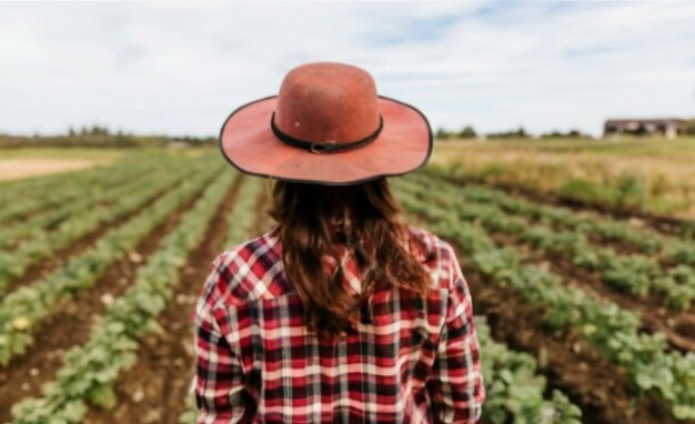 Une femme fermière portant un chapeau et une chemise à carreaux rouges regardant un champ de plantation