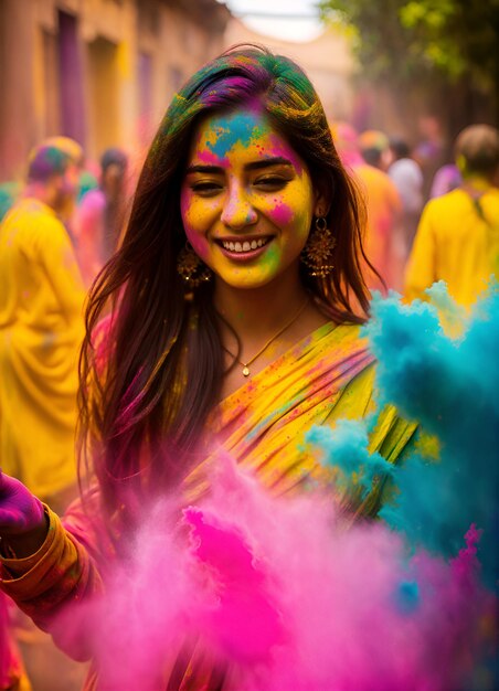 Photo femme avec le festival de holi sur son visage et ses mains